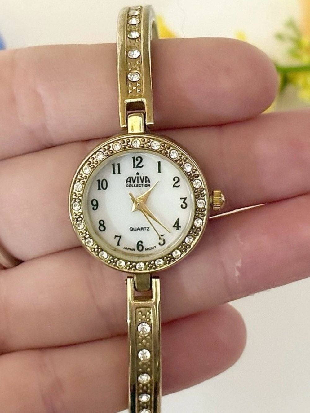 Vintage Aviva Dainty Rhinestone Gold Wristwatch WORKS!! Crystal Cocktail Watch